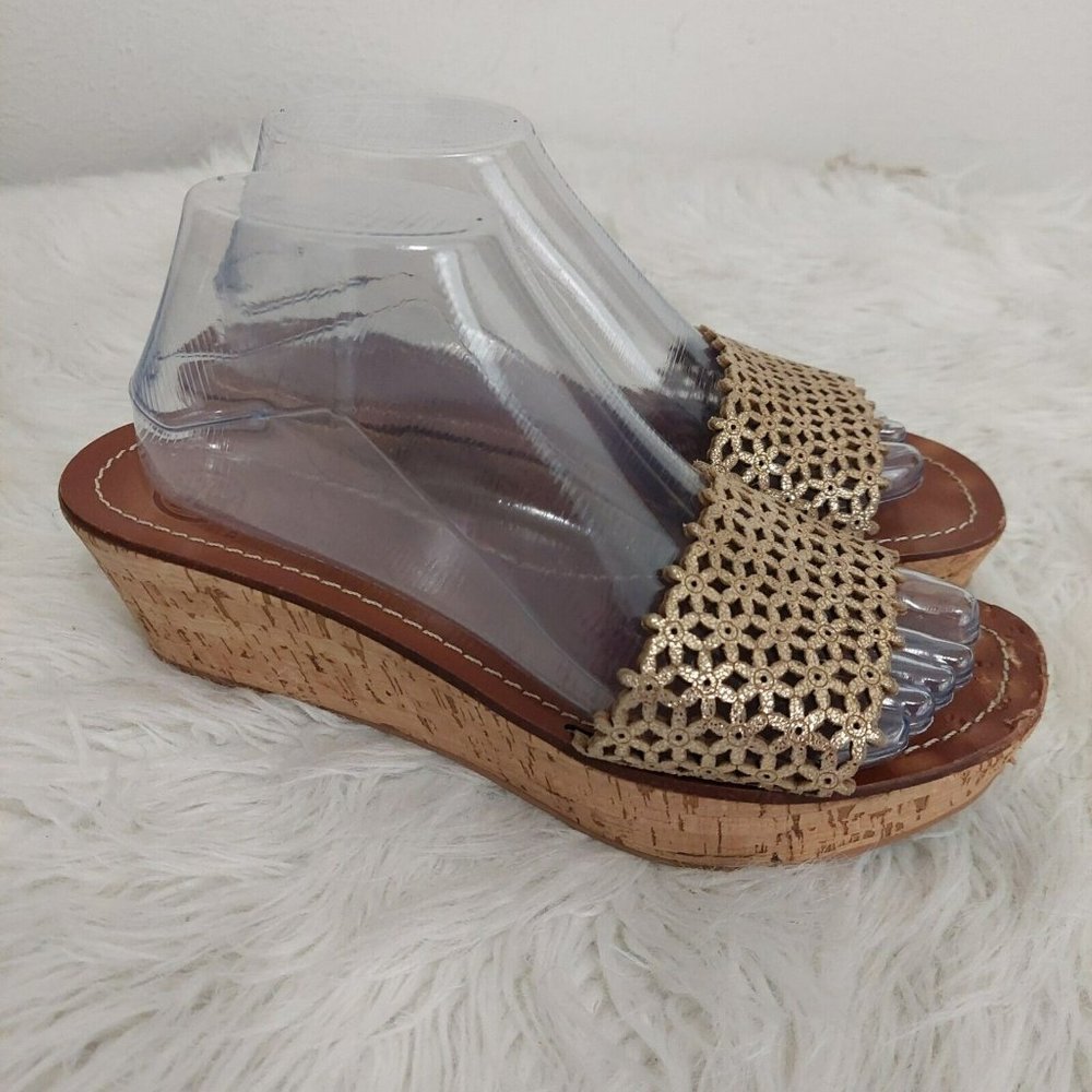 Tory Burch Daisy Floral Perforated Platform Wedge Cork Sandals Sz 10 Gold